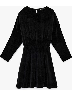 Koton Uzun Kollu Bisiklet Yaka Simli Kadife Diz Üstü Elbise