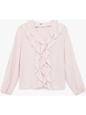 Koton Viskon Manşetleri Lastikli Uzun Kollu V Yaka Fırfırlı Bluz