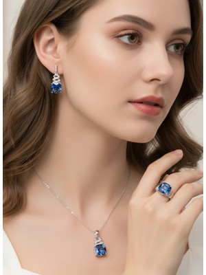 Keskin Gümüş 925 Ayar Gümüş Mistik Topaz Taşlı Kare Damla Tasarım Kolye Küpe Yüzük Kadın Set Doğum Günü Hediye