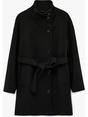 Koton Dik Yaka Düğmeli Kemer Detaylı Cepli Uzun Ceket