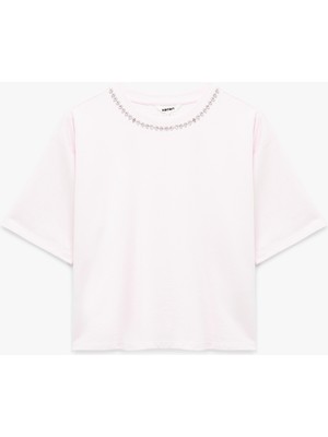 Koton Pamuklu Kısa Kollu Bisiklet Yaka Taşlı Tişört