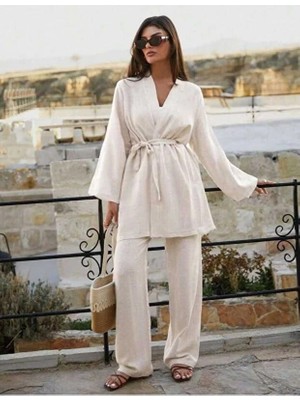 Moda Paketi Keten Kimono Pantolonlu 2'li Takım