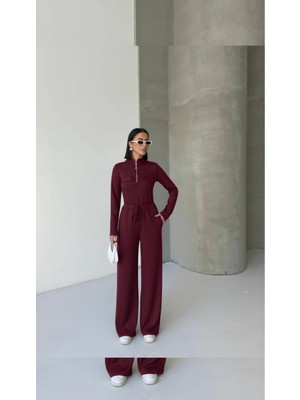 Moda Paketi Modal Kumaş Yarım Fermuarlı Üst Fit Form Pantolon Takım- Pamuklu