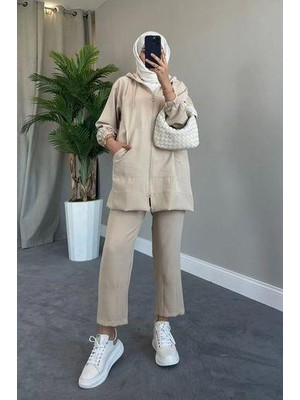 Tesettür Diyarı Fermuar Detaylı Kapüşonlu Spor Tesettür Takım-Bej