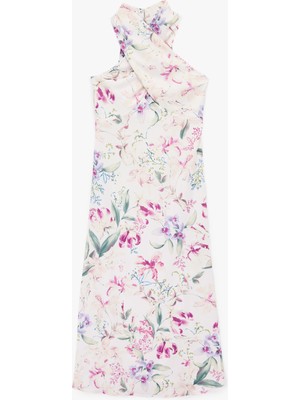 Koton Midi Boy Çiçekli Halter Yaka Saten Elbise