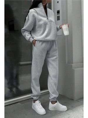 Moda Paketi Kadın Yarım Fermuarlı 3 Iplik Şardonlu Eşofman Takımı – Dik Yaka Sweatshirt & Jogger Pantolon