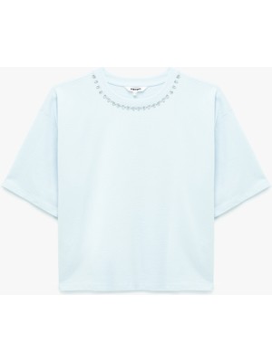 Koton Pamuklu Kısa Kollu Bisiklet Yaka Taşlı Tişört