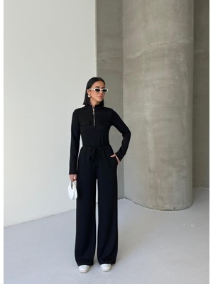 Moda Paketi Modal Kumaş Yarım Fermuarlı Üst Fit Form Pantolon Takım- Pamuklu