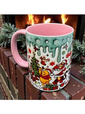 Kaygusuz Winnie The Pooh ve Tigger Yılbaşı Temalı Kupa Bardak - Pembe Iç Kaplamalı Porselen