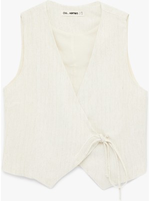 Koton Kruvaze Yaka Simli Bağlama Detaylı Keten Karışımlı Kolsuz Yelek