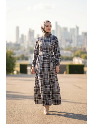 Ekose Desenli Kuşaklı Tesettür Elbise 2218-01 Lacivert