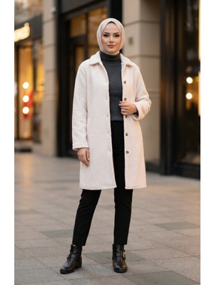 Boydan Düğmeli Kışlık Kap 2220-03 Krem