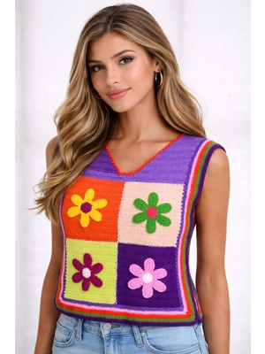 Gönülden Tasarım El Örgüsü Motifli Çiçekli Kadın Süveter Bluz Standart Beden