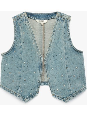 Koton Yıldız Detaylı Pamuklu Kolsuz V Yaka Denim Yelek