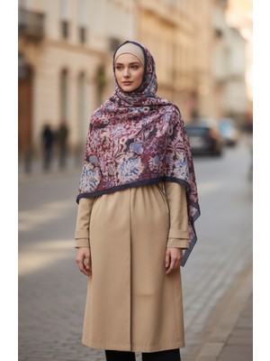 Çiçek Desenli Kehribar Şal 70357-04 Lacivert Mürdüm