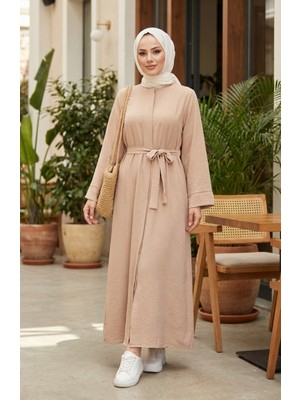 Sefa Merve Aerobin Kumaş Kuşaklı Ferace 4043-03 Bej