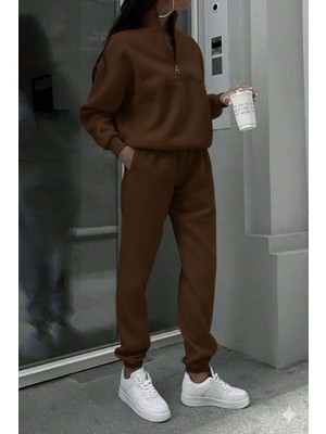 Moda Paketi Kadın Yarım Fermuarlı 3 Iplik Şardonlu Eşofman Takımı – Dik Yaka Sweatshirt & Jogger Pantolon