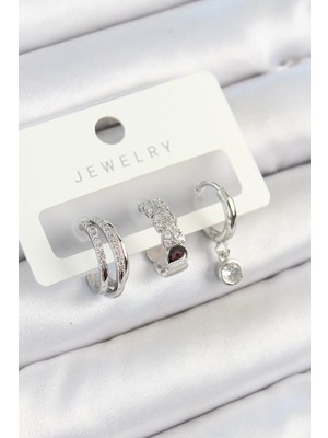 Inure Jewelry Pirinç Zirkon Taşlı Halka Model Gümüş Renk 3'lü Çift Kadın Küpe Set