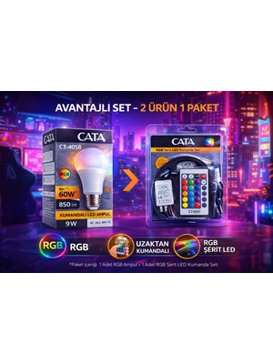 Cata Rgb Kumandalı LED Ampul + Rgb LED Şerit Seti | 2 Ürün 1 Paket | Uzaktan Kumandalı Ambiyans Işık