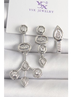 Inure Jewelry Pirinç Gümüş Renk Zirkon Taşlı Geometrik Model 3'lü Kadın Kombin Küpe