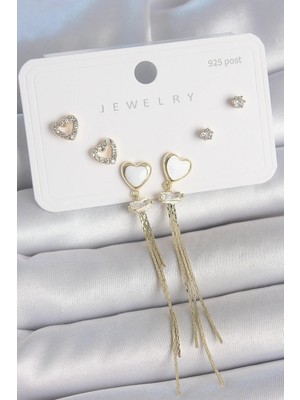Inure Jewelry Pirinç Gold Renk Beyaz Mineli Sallantı Mineli Kalp Model Zirkon Taş Detaylı 925 Ayar Gümüş Çivi Kadın Küpe Seti