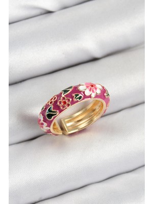 Inure Jewelry Pirinç Fuşya Mineli Çiçek Motifli Gold Renk Ayarlanabilir Kadın Yüzük