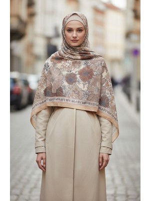 Çiçek Desenli Kehribar Şal 70358-12 Karamel