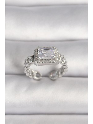 Inure Jewelry Pirinç Gümüş Renk Ayarlanabilir Zincir Kare Zirkon Taşlı Kadın Yüzük