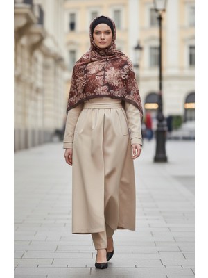 Çiçek Desenli Kehribar Şal 70357-12 Kahverengi