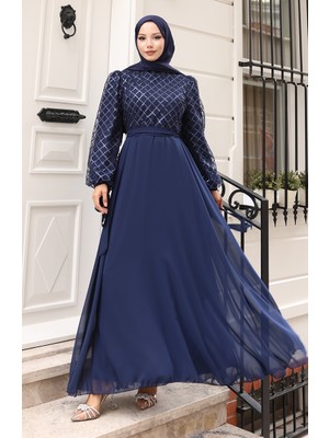 Pullu Kuşaklı Şifon Abiye Elbise 5617-02 Lacivert