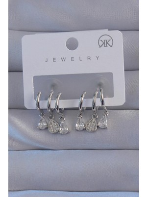 Inure Jewelry Pirinç Gümüş Renk Zirkon Taşlı Damla Model Çoklu Görünüm Yarım Halka Küpe