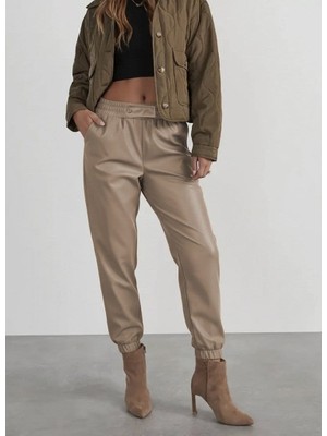 ModaSize Kadın Yüksek Bel Lastikli Önü Düğmeli Deri Pantolon