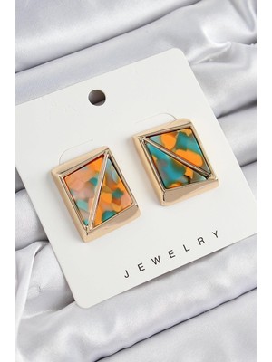 Inure Jewelry Pirinç  Turuncu Yeşil Üçgen Kesim Detaylı Kare Model Vintage Gold Renk Kadın Küpe