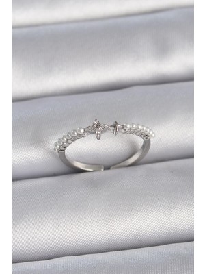 Inure Jewelry Pirinç Gümüş Renk Zirkon Taşlı Sıralı Inci Ayarlanabilir Model Kadın Yüzük