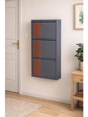 Arinna 3'lü Kilitli Antrasit Metal Ayakkabılık ( Ahşap Desenli Dikey )