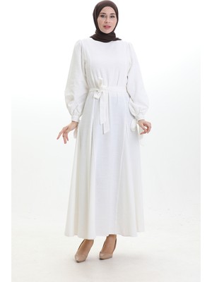 Kuşaklı Keten Elbie 81903-01 Ekru
