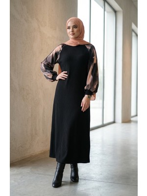 Garnili Desenli Tesettür Elbise 2217-04 Siyah Antrasit