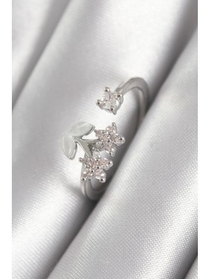 Inure Jewelry Pirinç Gümüş Renk Zirkon Taşlı Çiçek Model Kadın Yüzük