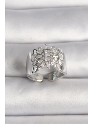 Inure Jewelry Pirinç Gümüş Renk Ayarlanabilir Baget Zirkon Taş Model Kadın Yüzük