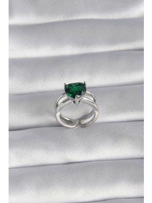 Inure Jewelry Pirinç Gümüş Renk Yeşil Zirkon Taşlı Tek Taş Model Kadın Yüzük