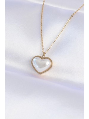 Inure Jewelry 316L Çelik Zincir Gold Renk Beyaz Taşlı Bubble Kalp Kolye