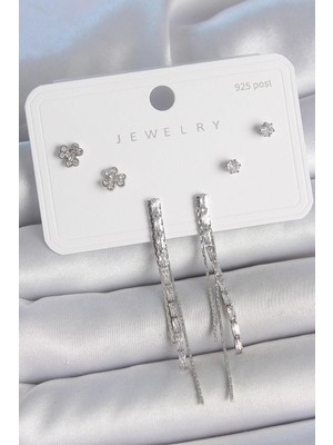 Inure Jewelry Pirinç Gümüş Renk Su Yolu Zirkon Taşlı Sallantı Model Çiçek Detay 925 Ayar Gümüş Çivi Kadın Küpe Seti