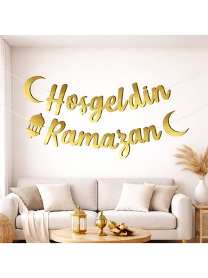 Bak Gel Al Hoşgeldin Ramazan Gold Karton Banner – Kaligrafi Asma Duvar Perde Süsü
