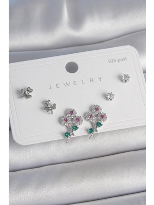 Inure Jewelry Pirinç Gümüş Renk Renkli Zirkon Taşlı Çiçek Model Yaprak Detay 925 Ayar Gümüş Çivi Kadın Küpe Seti