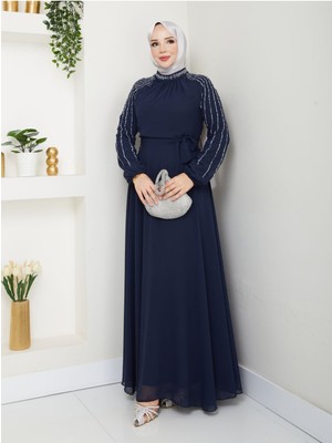 Hiramir Kadın Kolları Işlemeli Şifon Abiye Elbise Lacivert YZ2501 Orta Kalınlık ve Uzun Kol