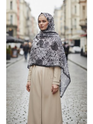 Çiçek Desenli Kehribar Şal 70357-05 Füme