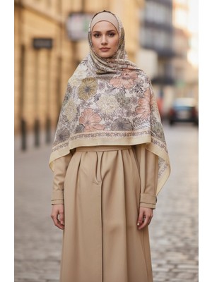 Çiçek Desenli Kehribar Şal 70358-15 Gold