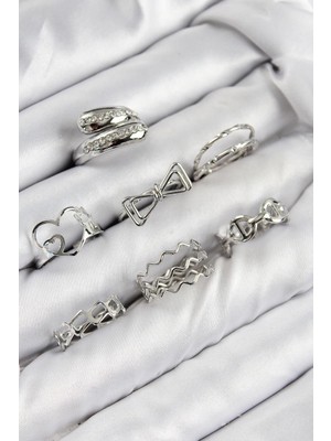 Inure Jewelry Pirinç Zirkon Taşlı Fiyonk ve Kalp Model Gümüş Renk Kadın Yüzük Kombin Set