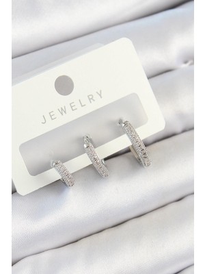 Inure Jewelry Pirinç Zirkon Taşlı Halka Model Gümüş Renk 3'lü Çift Kadın Küpe Set