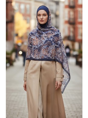 Çiçek Desenli Kehribar Şal 70357-03 Lacivert